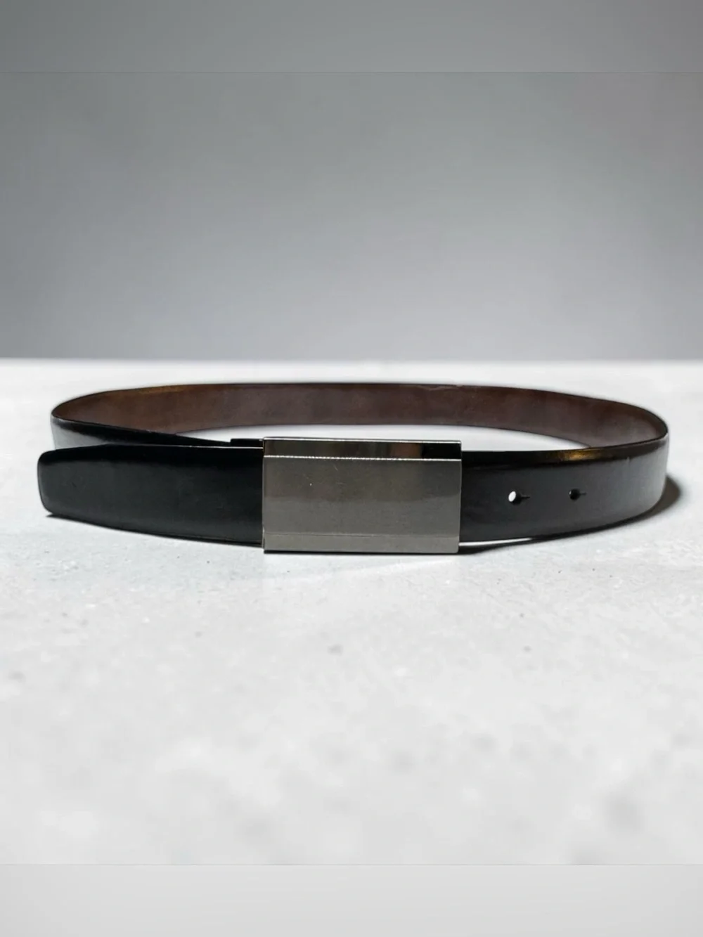 Mens Leather Belt Brown Size 38 1.5” Wide Silver Buckle Quiet Luxury Black‎